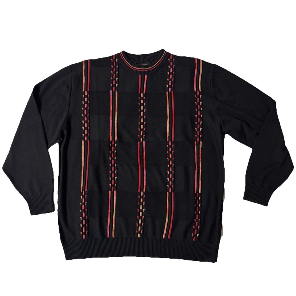 Protégé Sweater Mens XL Black Vertical Striped Abstract Textured‎ Knit Retro EUC